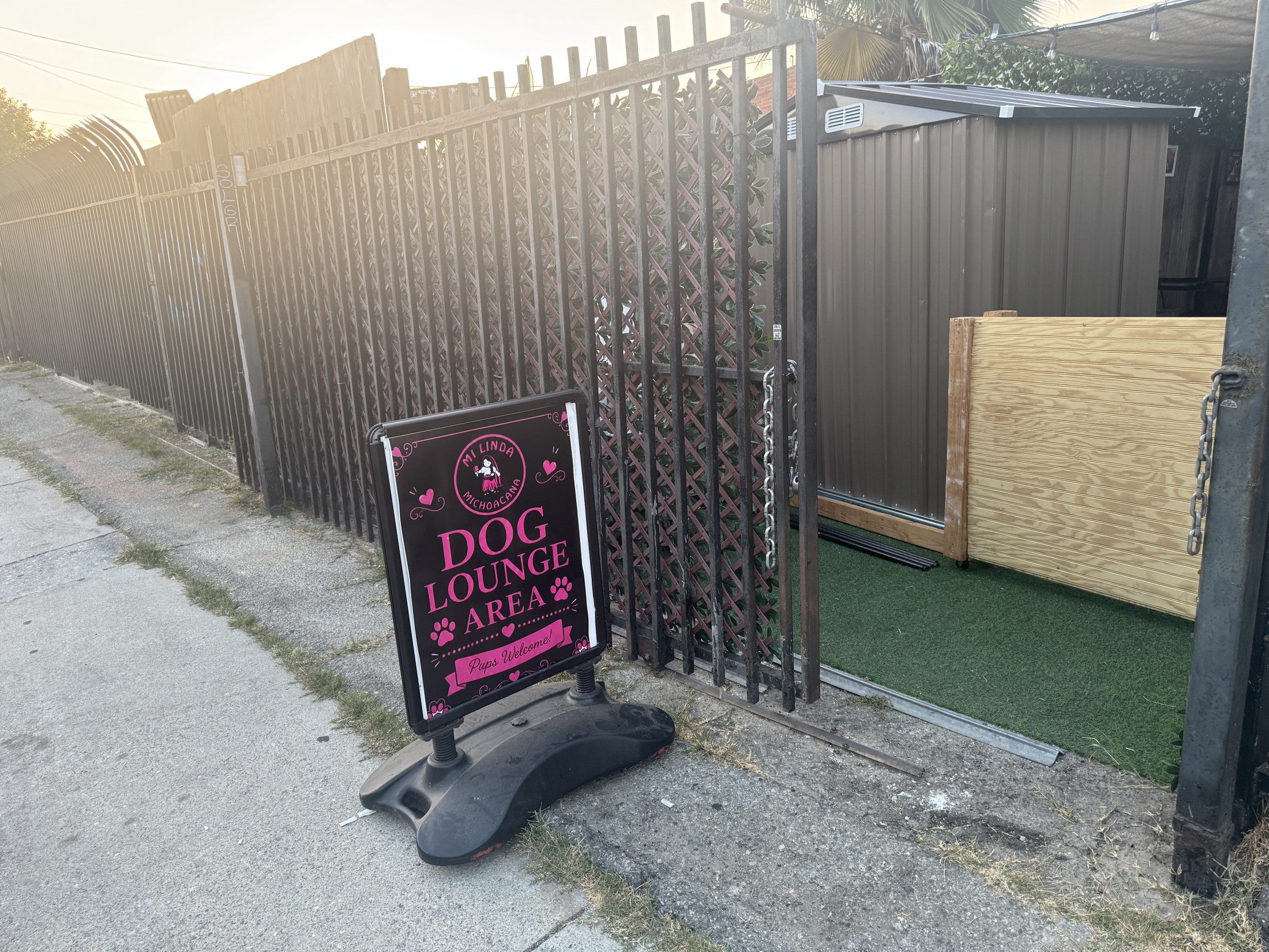 Dog Lounge Area sandwich board sign at the alley entrance